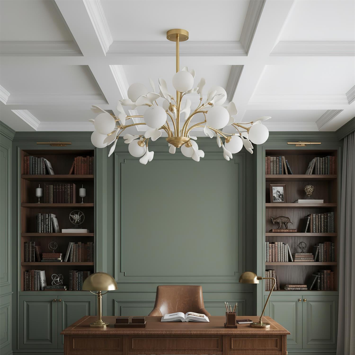 Kronleuchter Ginkgo Keramik, Design Deckenleuchte Messing 6–12 Flammig
