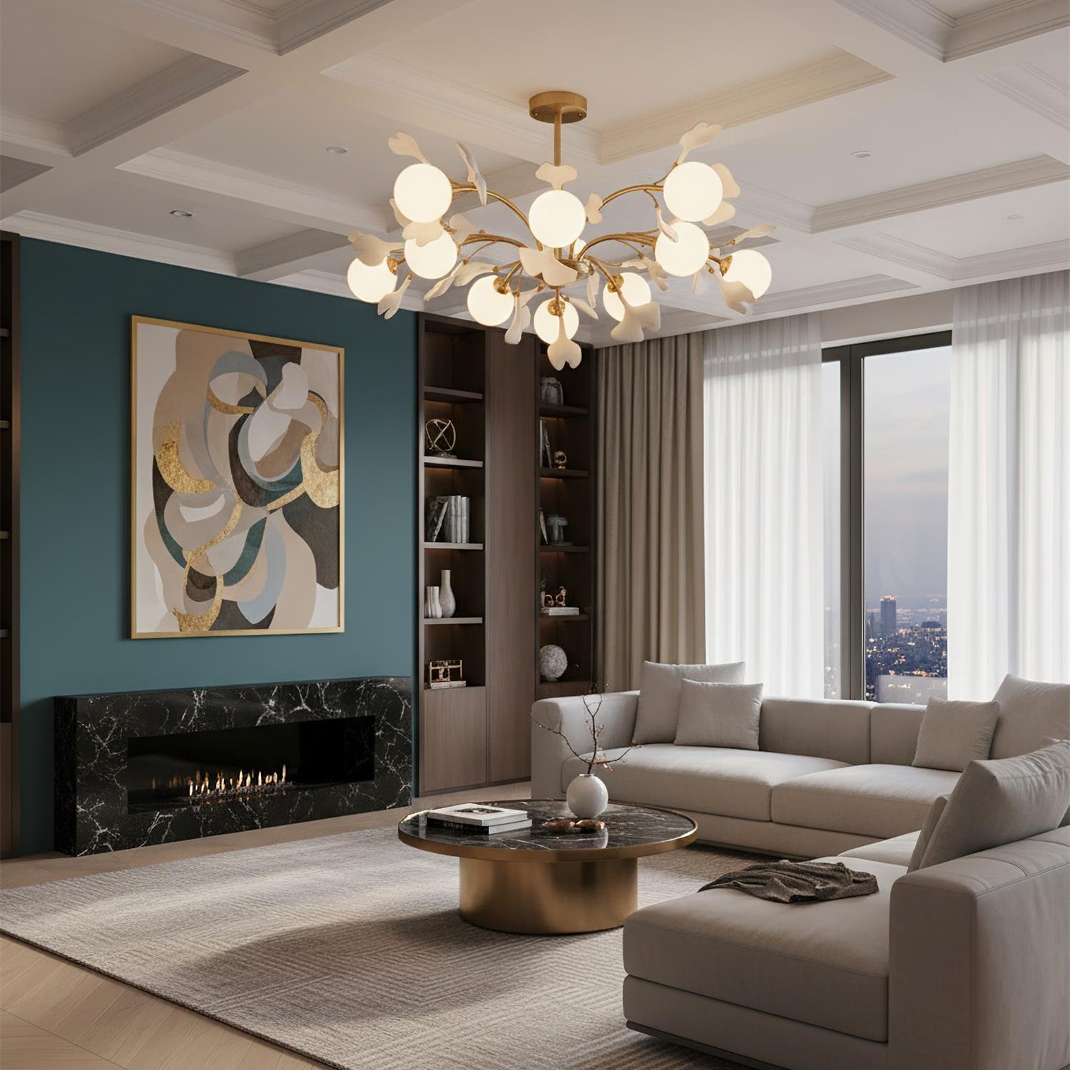 Kronleuchter Ginkgo Keramik, Design Deckenleuchte Messing 6–12 Flammig