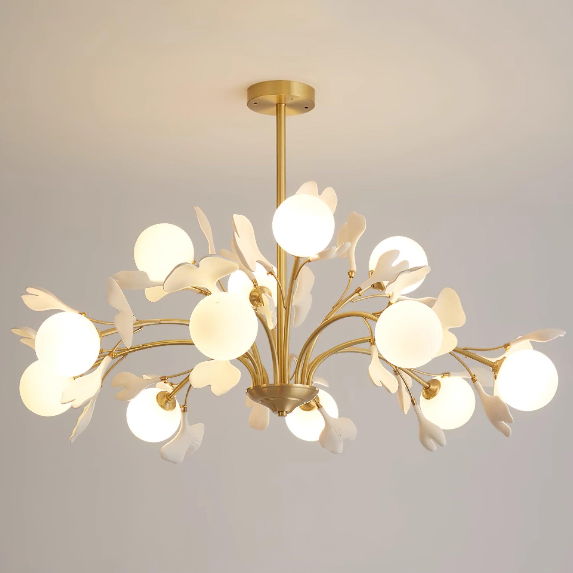 Kronleuchter Ginkgo Keramik, Design Deckenleuchte Messing 6–12 Flammig