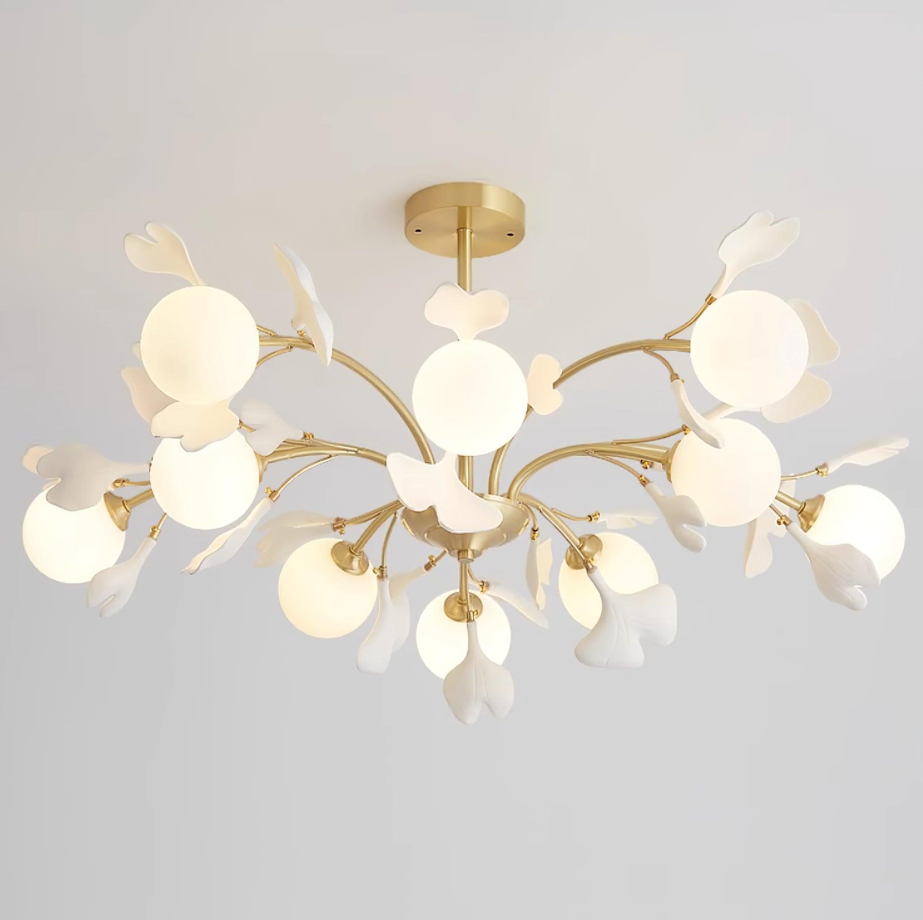Kronleuchter Ginkgo Keramik, Design Deckenleuchte Messing 6–12 Flammig