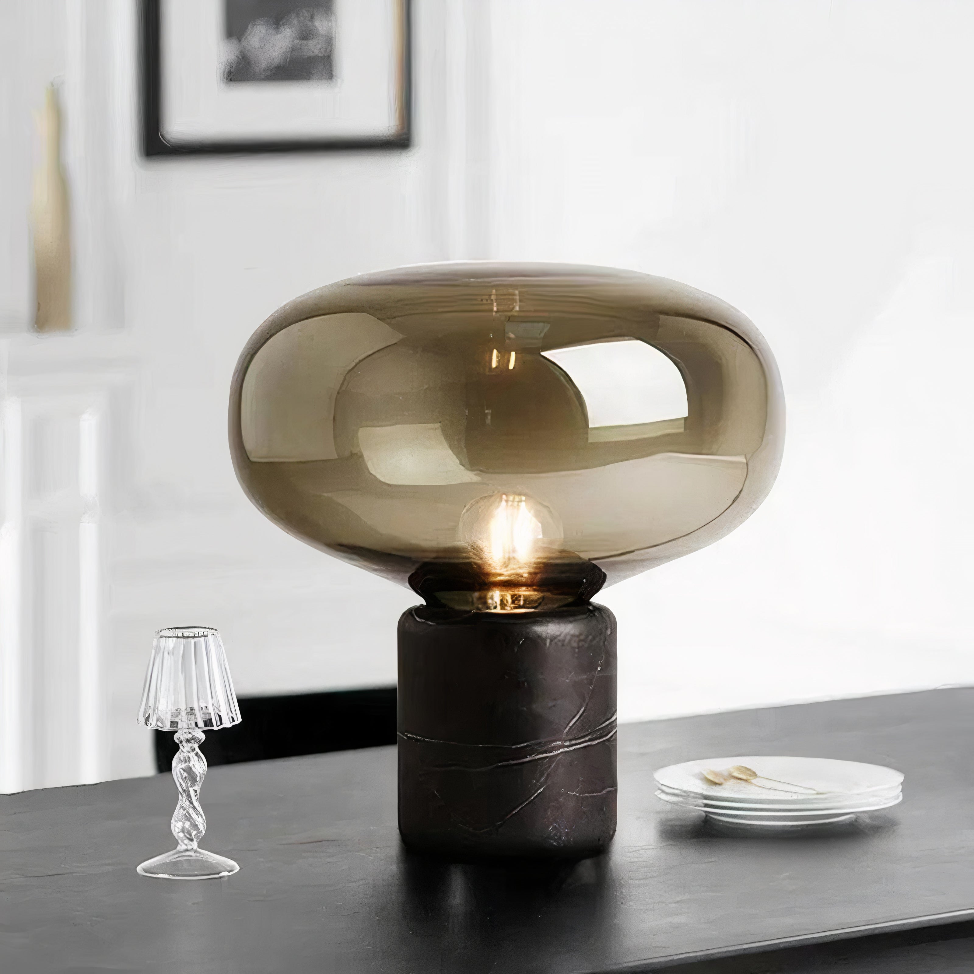 Tischlampe Amber Glas mit Marmor, Warmes Licht, E27
