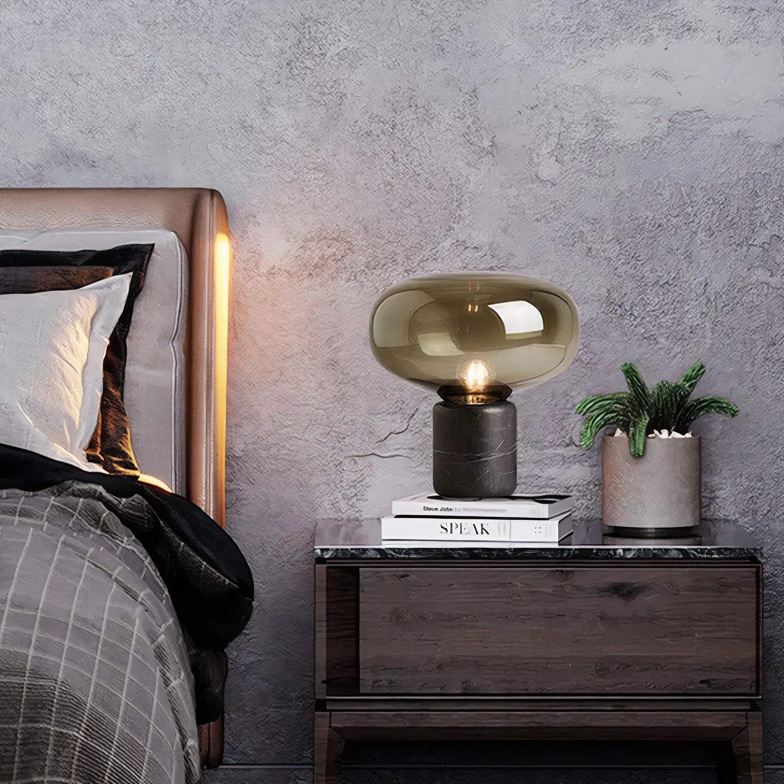 Tischlampe Amber Glas mit Marmor, Warmes Licht, E27