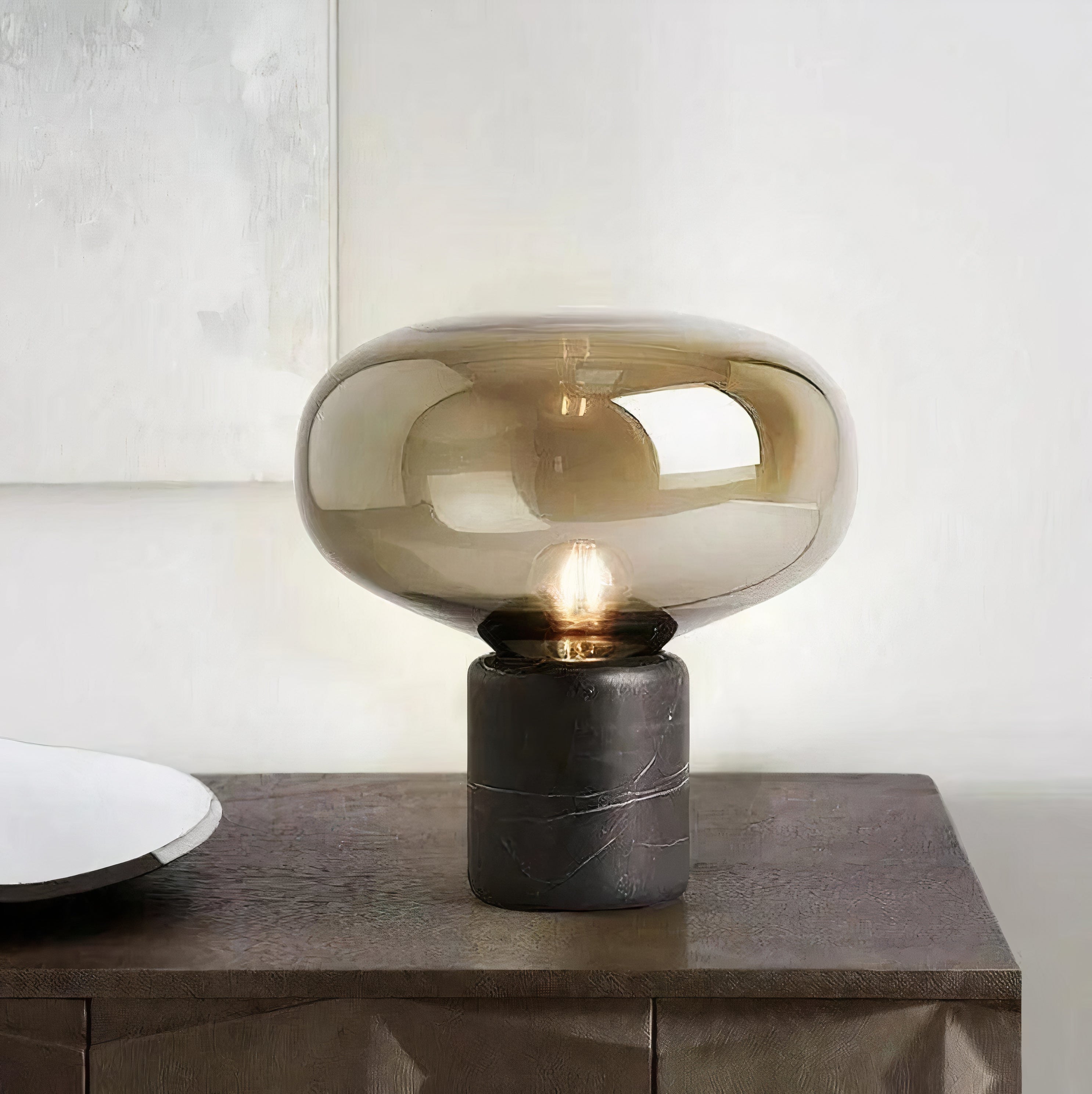 Tischlampe Amber Glas mit Marmor, Warmes Licht, E27