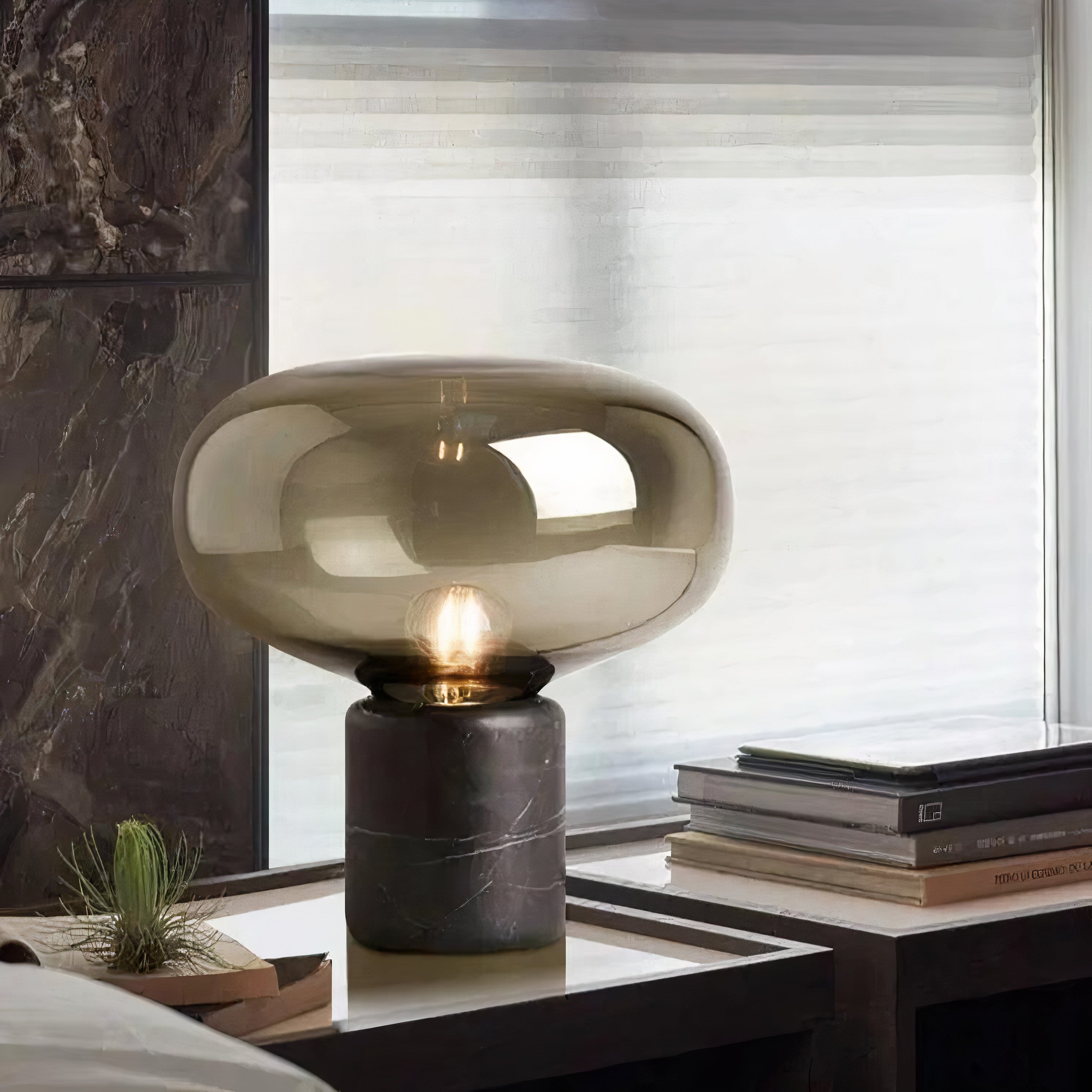 Tischlampe Amber Glas mit Marmor, Warmes Licht, E27