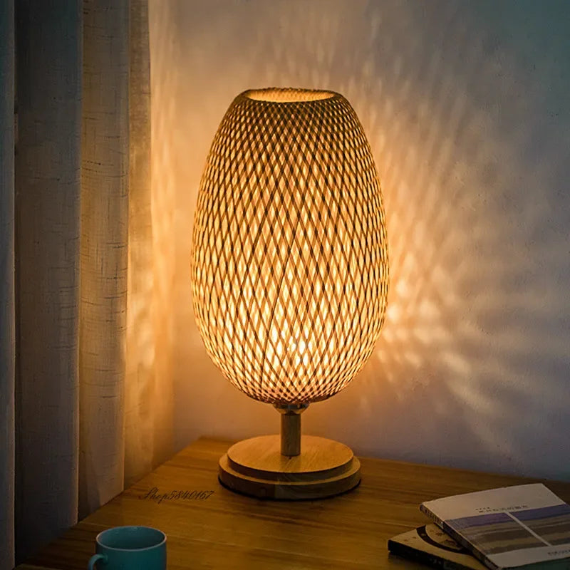 Bambus Tischlampe Vintage, LED Tischleuchte Natur