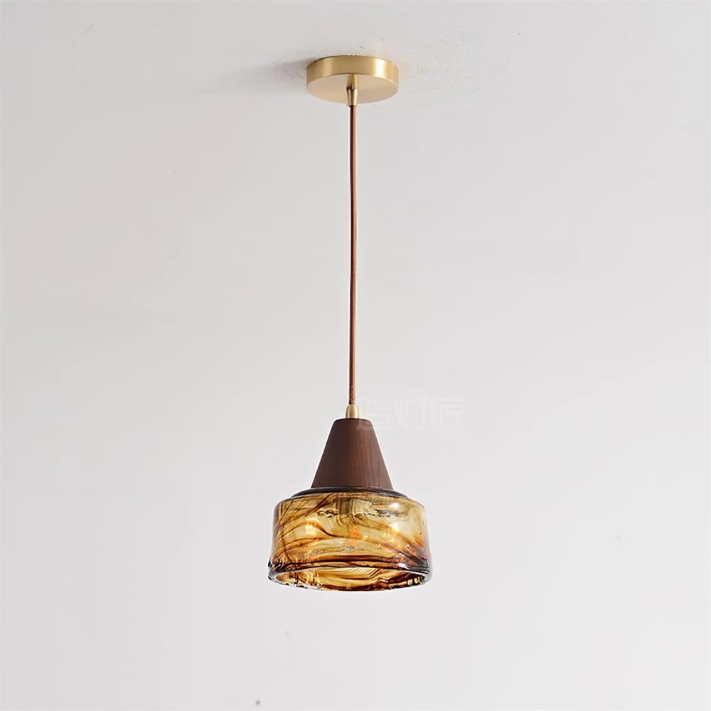 Murano Glas Pendelleuchte Amber Ø35 cm, Vintage Dimmbar mit Messing & Holz
