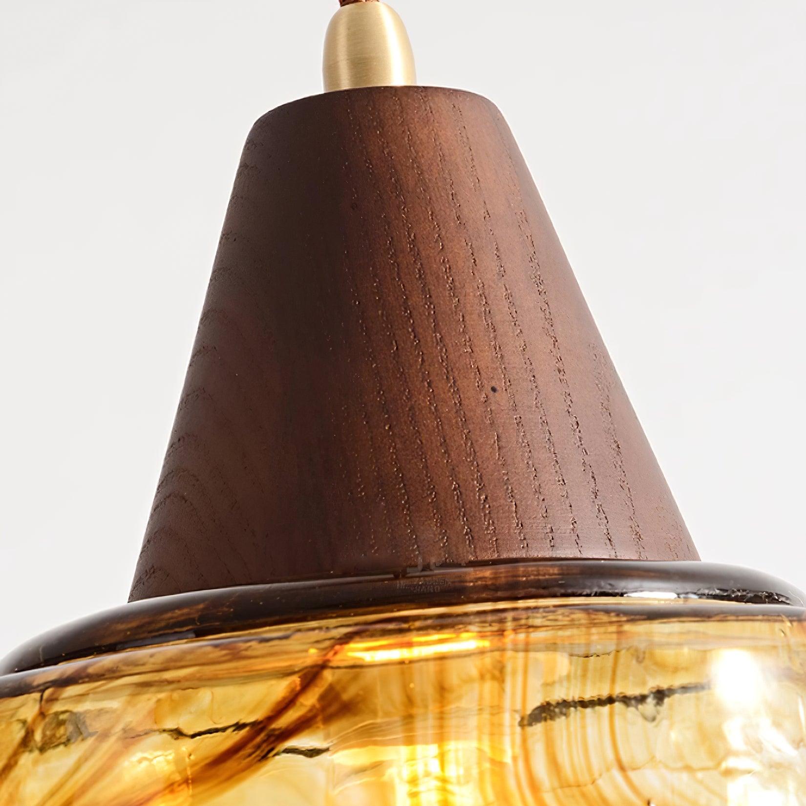 Murano Glas Pendelleuchte Amber Ø35 cm, Vintage Dimmbar mit Messing & Holz