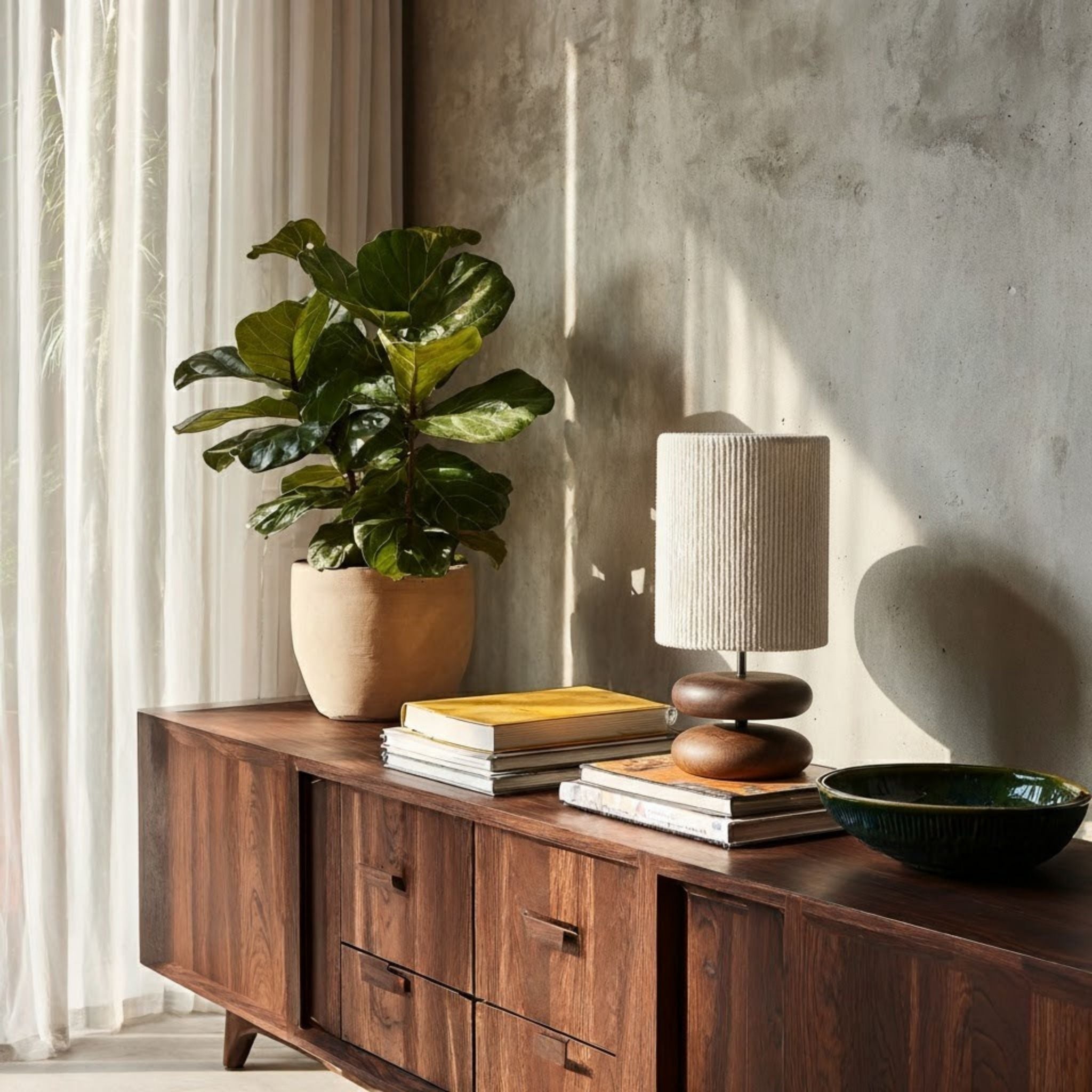 Holz Tischlampe Stoffschirm, Nachttischlampe Walnuss modern