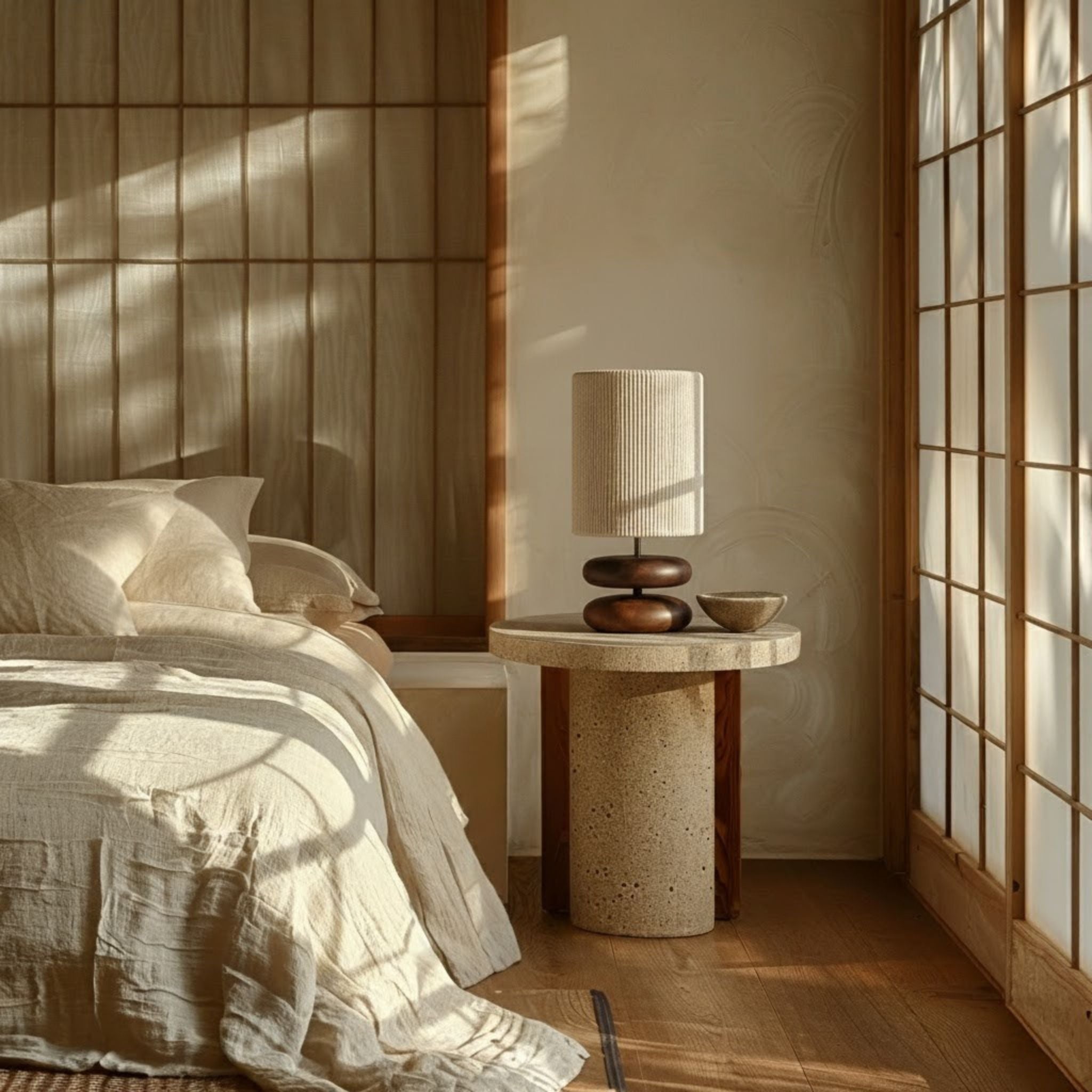 Holz Tischlampe Stoffschirm, Nachttischlampe Walnuss modern