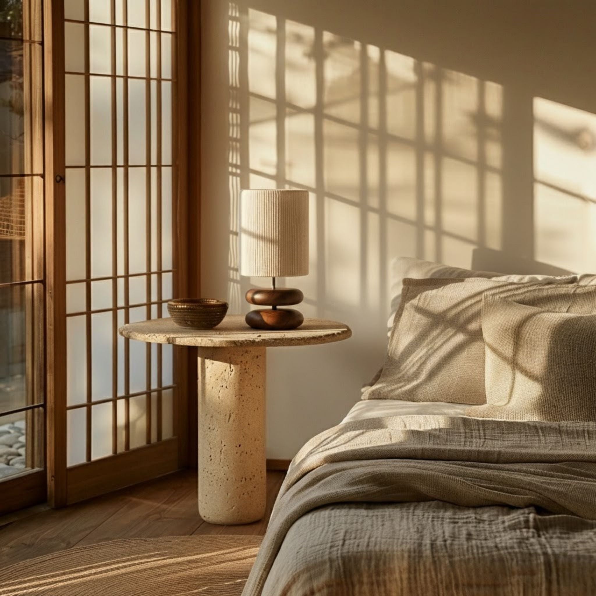 Holz Tischlampe Stoffschirm, Nachttischlampe Walnuss modern