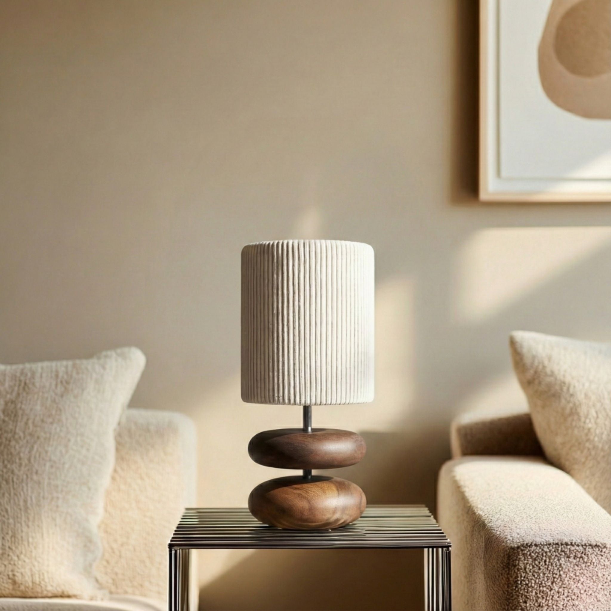 Holz Tischlampe Stoffschirm, Nachttischlampe Walnuss modern