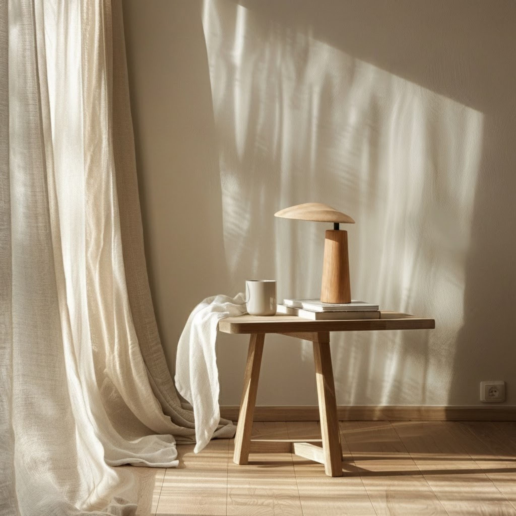 Tischlampe Holz Beige Stoff, Skandinavische Nachttischlampe mit Warmem Licht