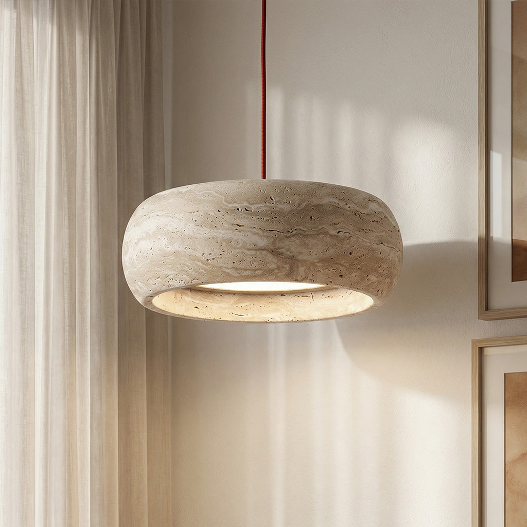 Travertin Pendelleuchte Naturstein, Wabi Sabi Design Höhenverstellbar