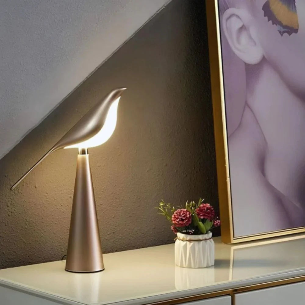 LED Tischlampe Vogel Design, Dimmbar, 3 Lichtfarben, USB
