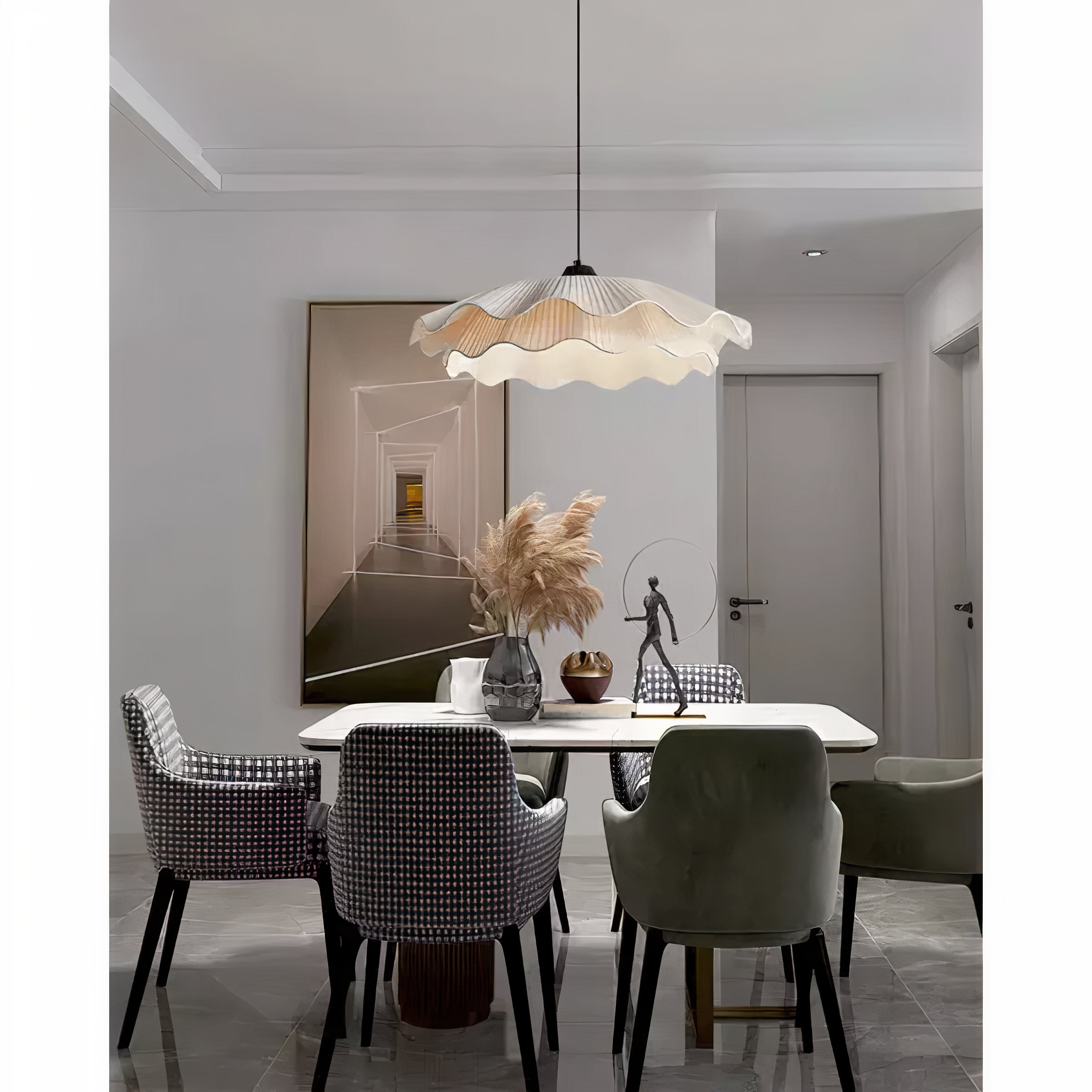 Hängelampe Stoff Weiß Rund, Wellenform Pendelleuchte Ø50 cm LED