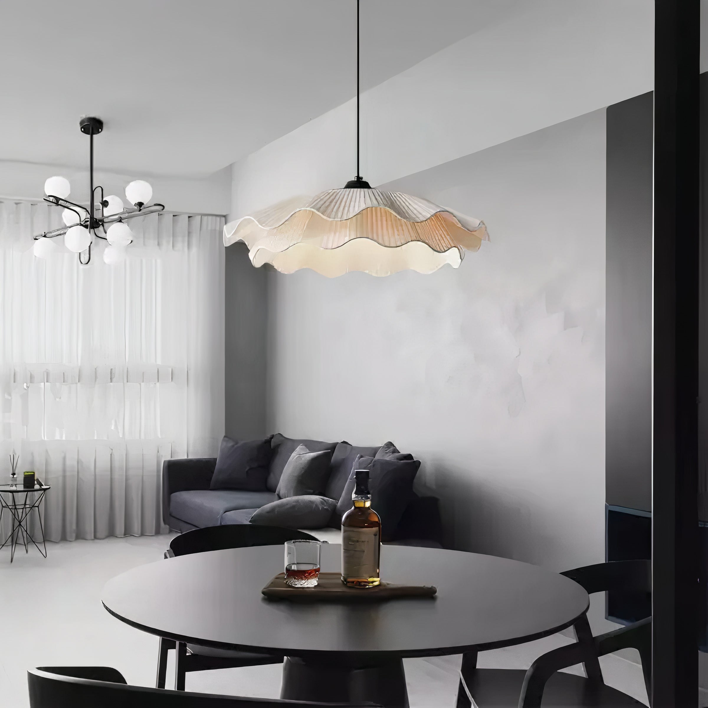 Hängelampe Stoff Weiß Rund, Wellenform Pendelleuchte Ø50 cm LED