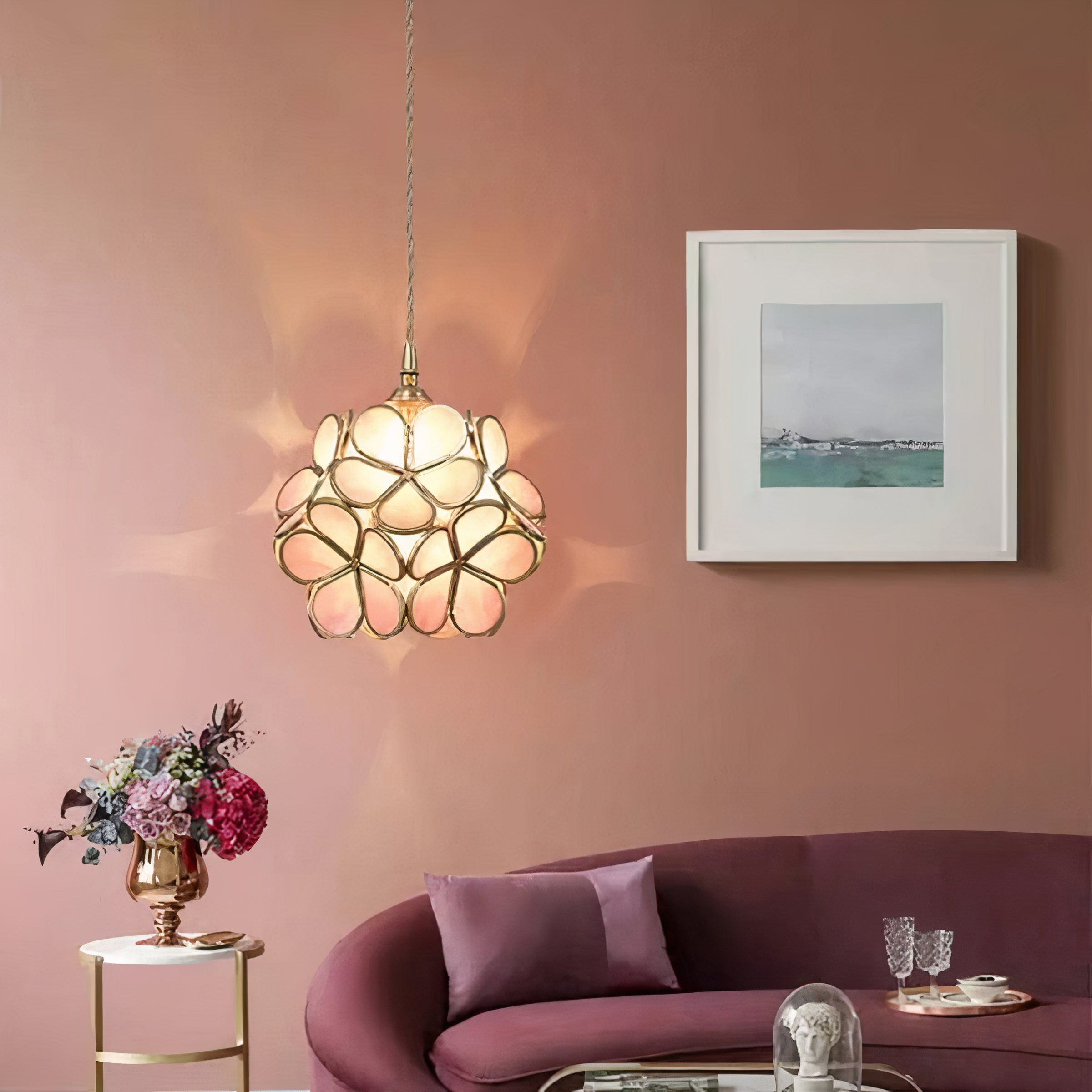 Vintage Glas Pendelleuchte Blüte Messing, Hängelampe E27 modern