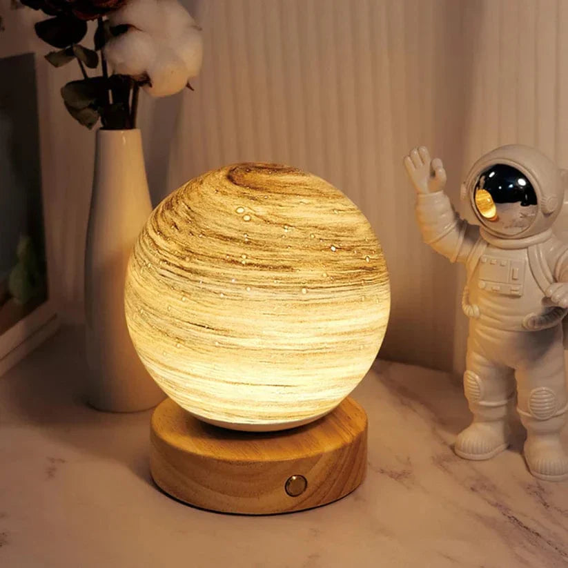 LED Mondlampe dimmbar, Tischlampe, Glas & Holz, USB