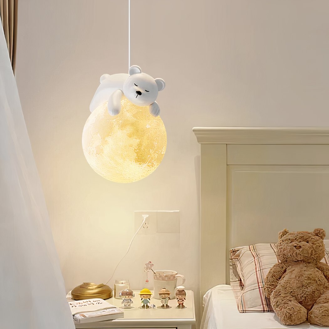 Moderne, minimalistische LED-Hängelampe in Form eines Teddybären aus Harz