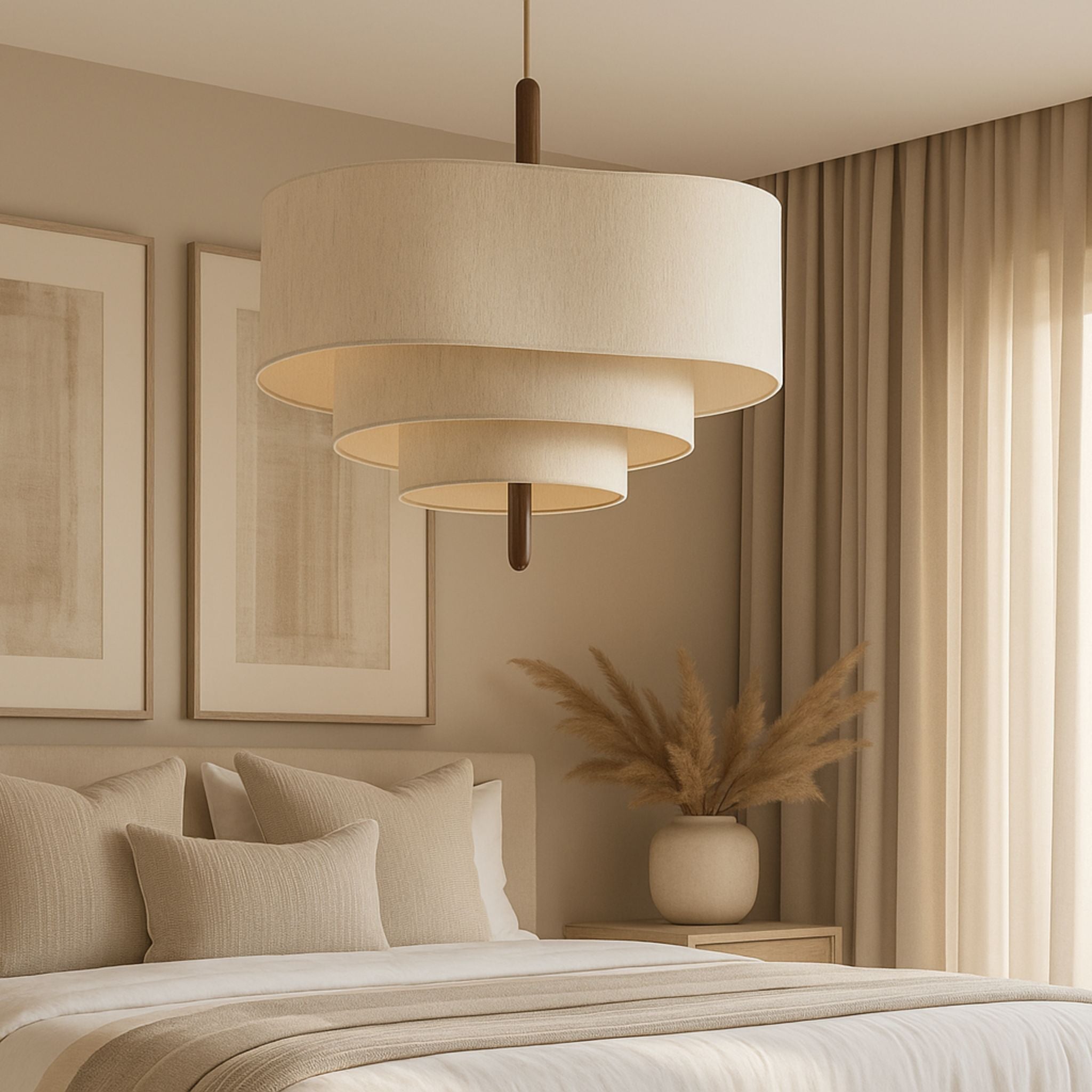 Stoff Pendelleuchte rund beige, Hängeleuchte Stoff modern