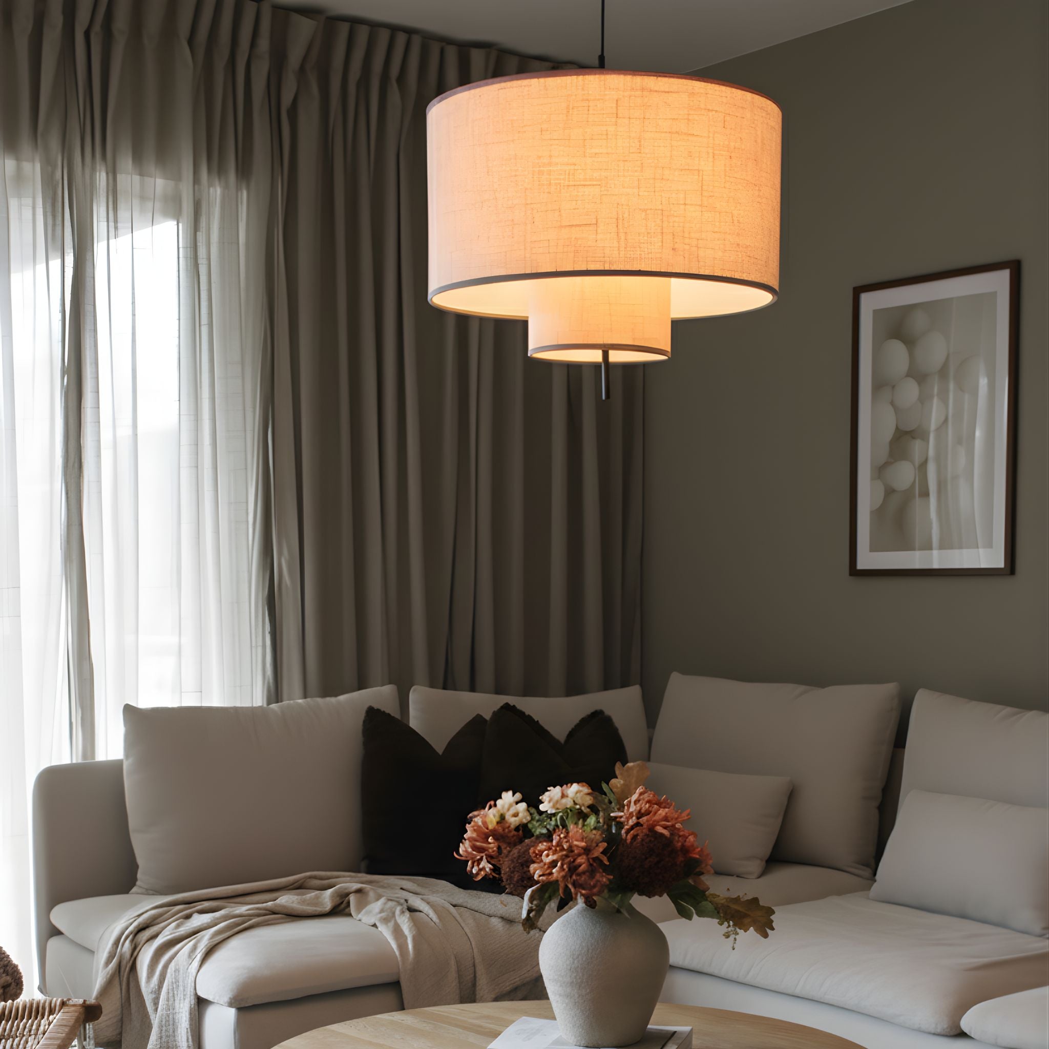 Hängelampe Beige Stoff Rund, Skandinavische Pendelleuchte Ø50 cm Warmes Licht