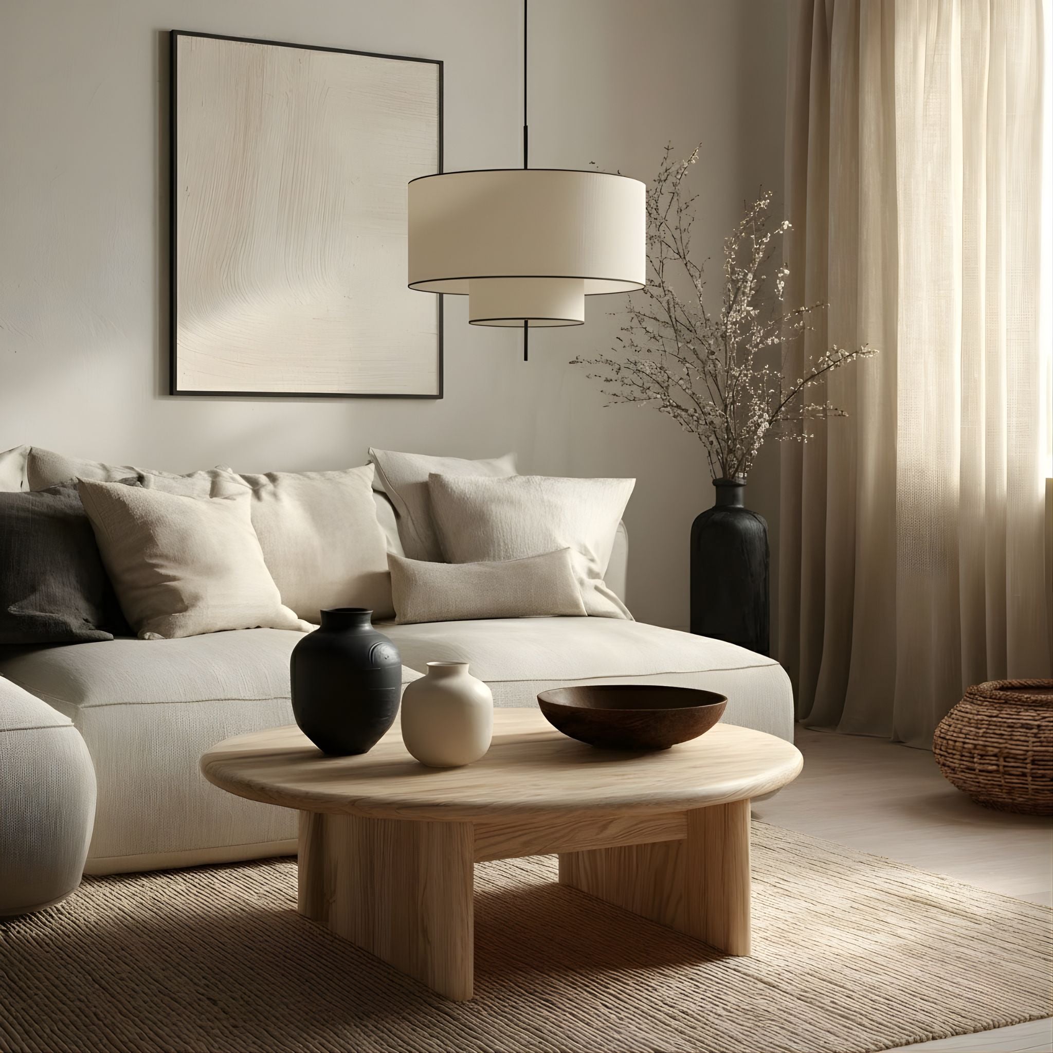 Hängelampe Beige Stoff Rund, Skandinavische Pendelleuchte Ø50 cm Warmes Licht