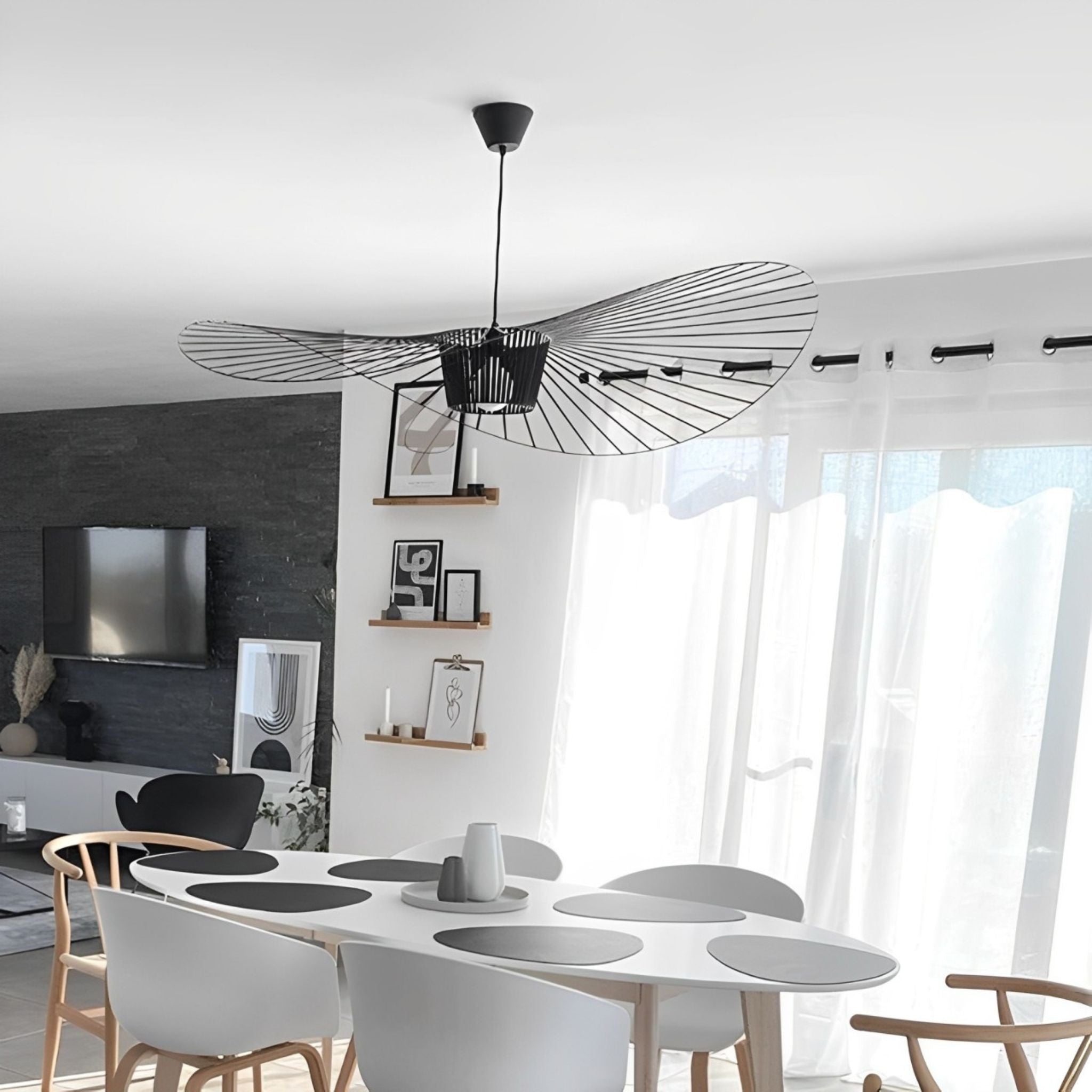 Große Pendelleuchte rund, Design Hängeleuchte Fiberglas schwarz