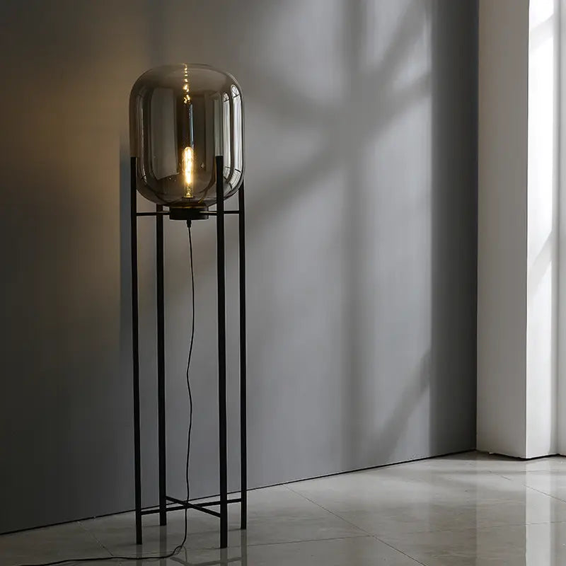 Stehlampe Glas Schwarz, Design Stehleuchte E27 Amber/Smoke 100/140 cm