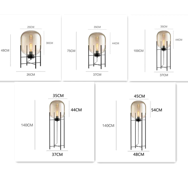 Stehlampe Glas Schwarz, Design Stehleuchte E27 Amber/Smoke 100/140 cm