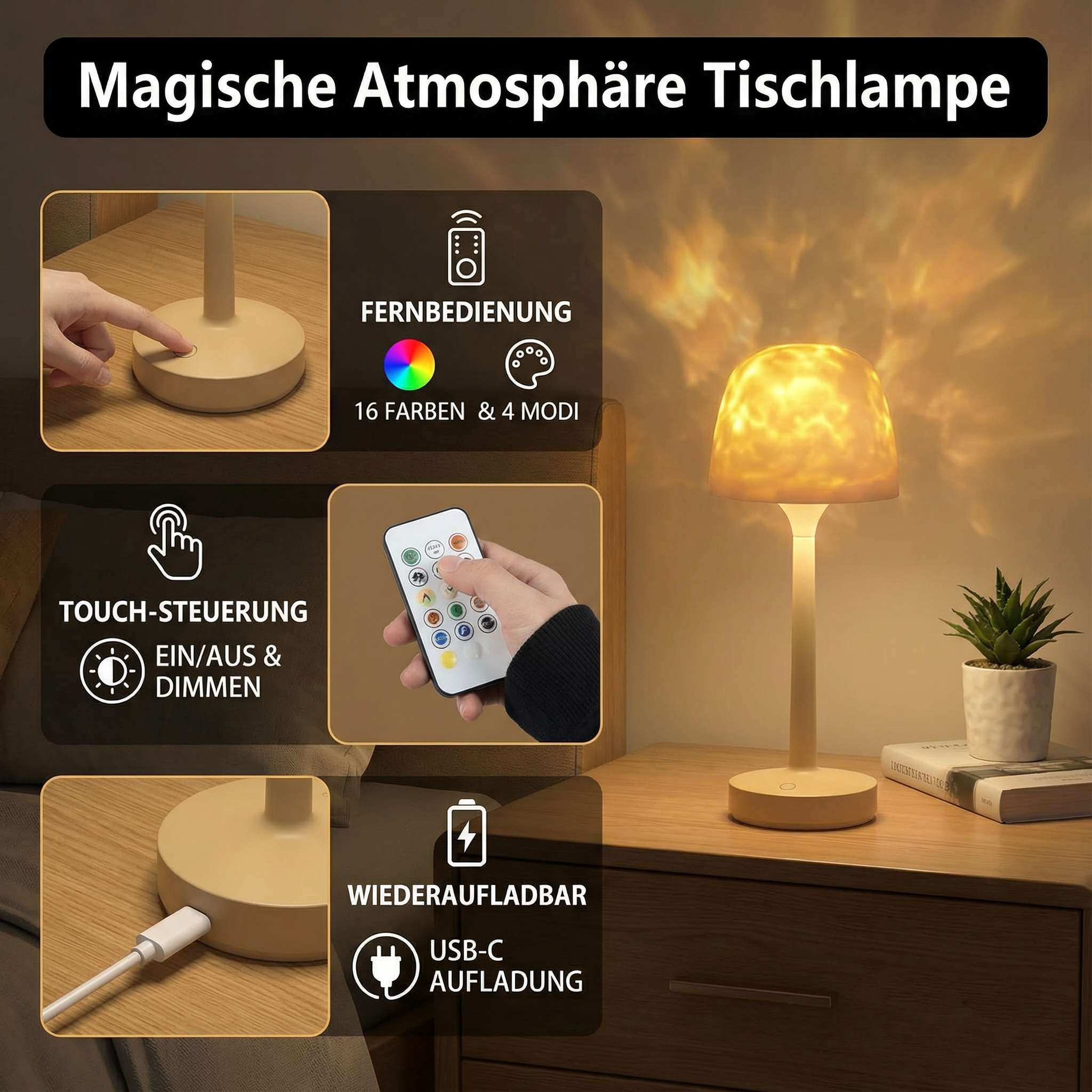 LED Tischlampe Farbwechsel, Dimmbare RGB Tischleuchte